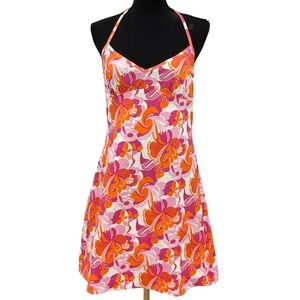 Mossimo Orange Pink Floral Halter Mini Dress Women's Sleeveless Summer Large USA